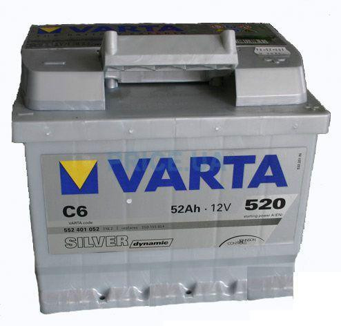 Аккумулятор Varta silver Dynamic 552 401, аккумулятор Varta C6 silver - 52 Ah, габаритные размеры  207x175x175, пусковой ток 520А